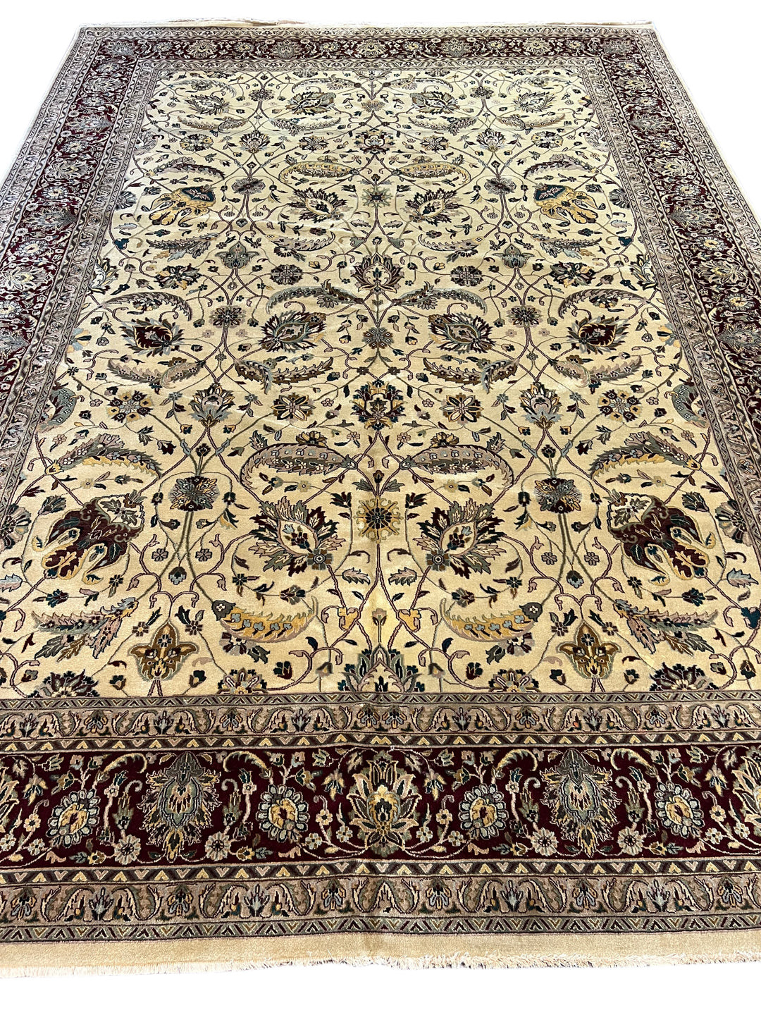Hand-Knotted Wool Persian Style Rug – Ivory &amp; Burgundy Floral Design – 9’11” x 14’1”