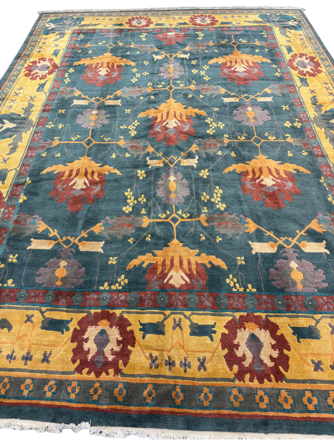 Hand-Knotted Tibetan Wool Rug – Teal &amp; Gold – 11’11” x 16’5”