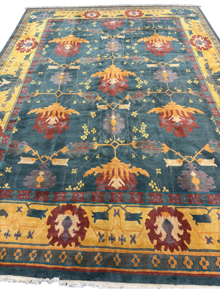Hand-Knotted Tibetan Wool Rug – Teal &amp; Gold – 11’11” x 16’5”