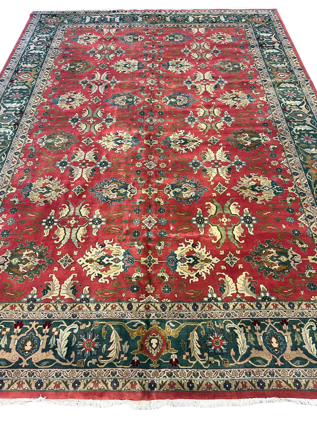 Coral &amp; Teal Floral Design Traditional Wool Rug – 9’11” x 13’8”
