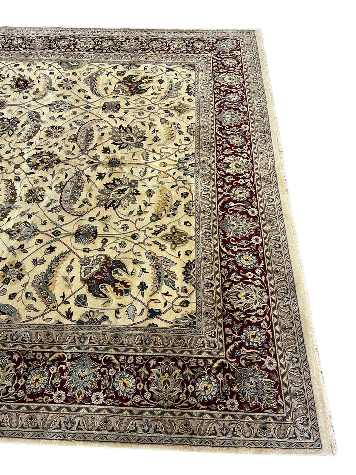 Hand-Knotted Wool Persian Style Rug – Ivory &amp; Burgundy Floral Design – 9’11” x 14’1”