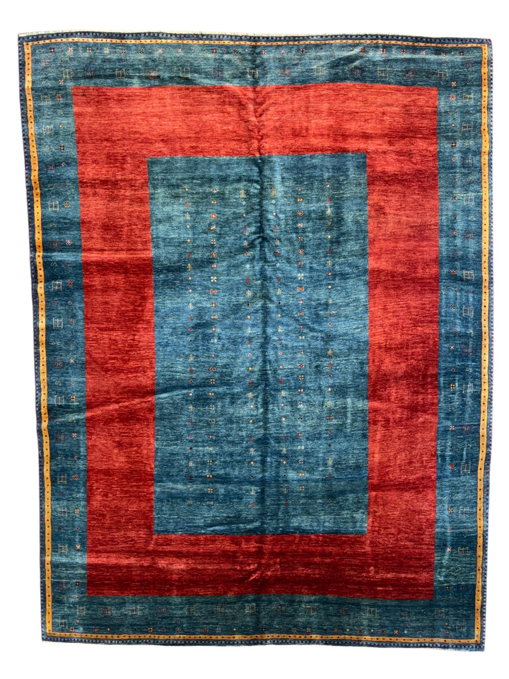 Modern Blue &amp; Rust Geometric Design Tibetan Wool Rug – 8’9” x 11’9”