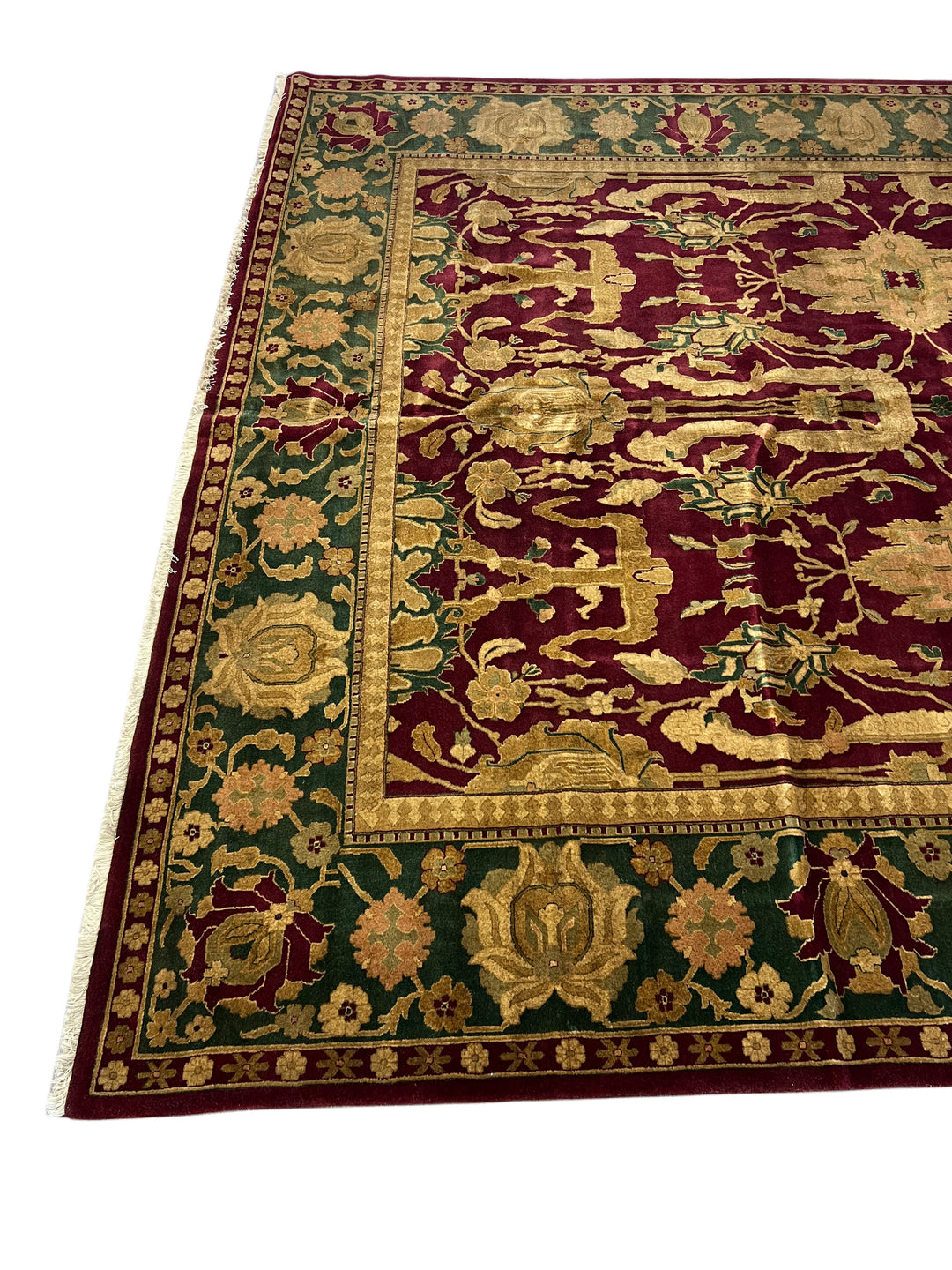 Burgundy &amp; Green Floral Design Hand-Knotted Traditional Wool Rug – 9’11” x 11’7”