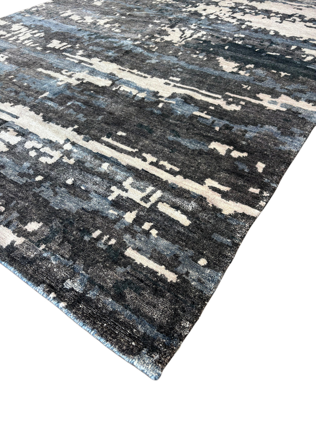 Handmade Modern Abstract Wool &amp; Silk Area Rug – Charcoal, Blue &amp; Ivory – 6’2” × 8’11”