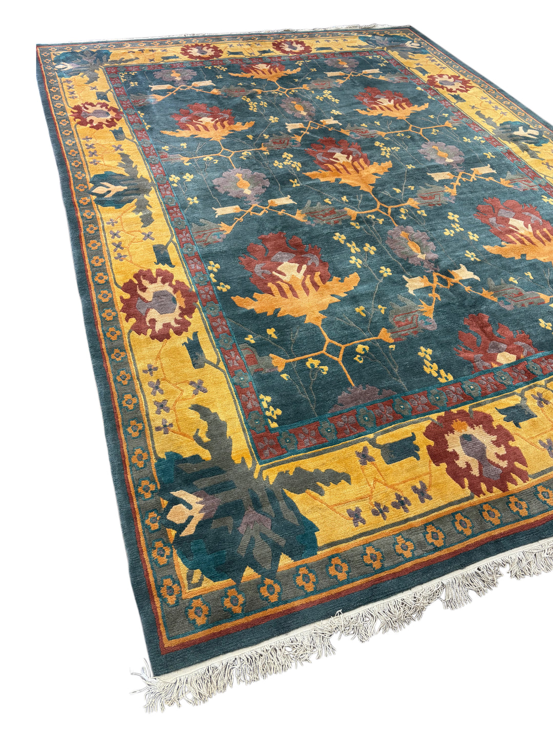 Hand-Knotted Tibetan Wool Rug – Teal &amp; Gold – 11’11” x 16’5”