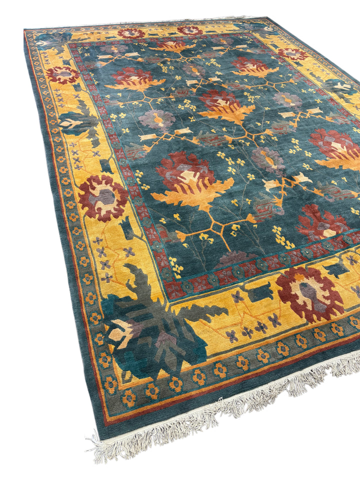 Hand-Knotted Tibetan Wool Rug – Teal &amp; Gold – 11’11” x 16’5”