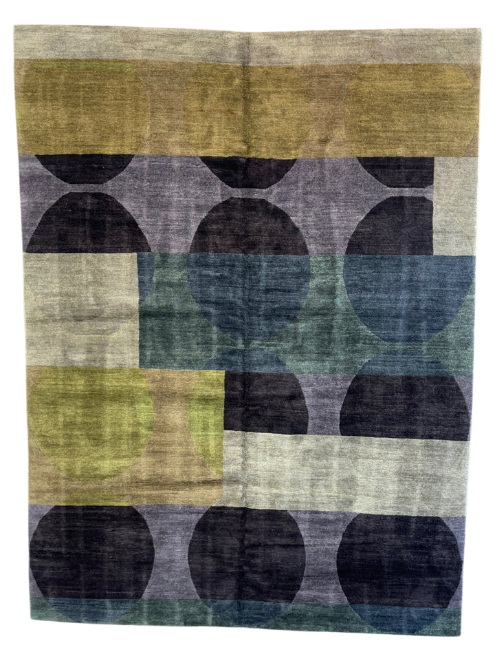 Modern Geometric Design in Blue, Olive &amp; Gray Tibetan Wool Rug – 8’8” x 11’5”