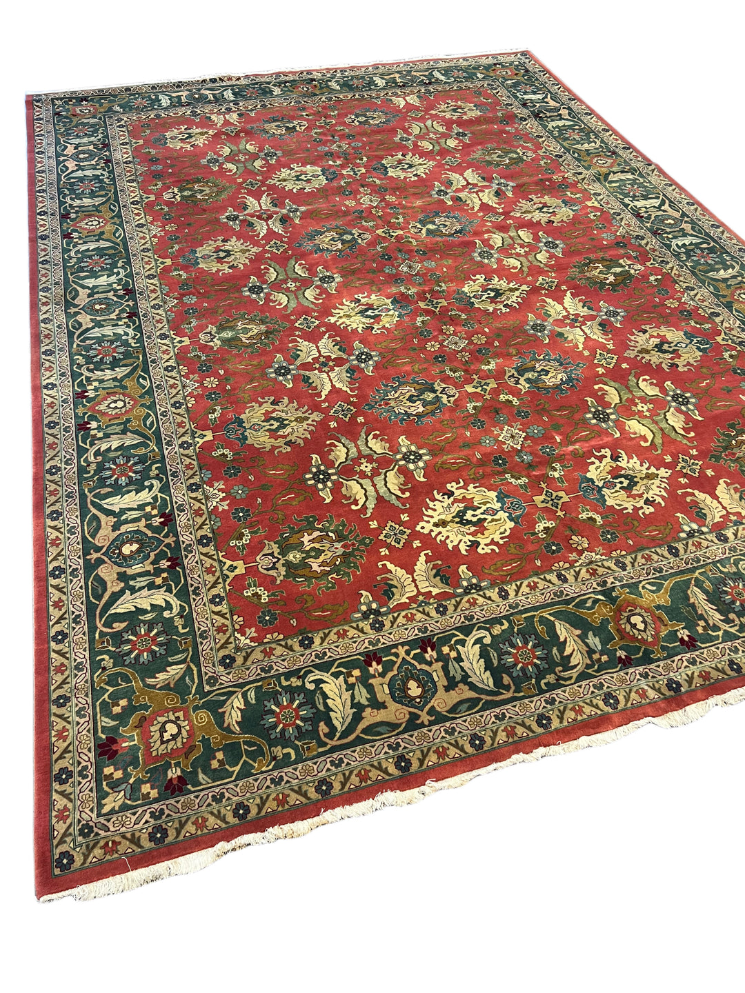 Coral &amp; Teal Floral Design Traditional Wool Rug – 9’11” x 13’8”