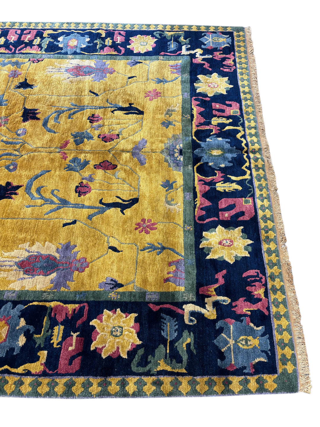 Gold &amp; Navy Floral Design Tibetan Wool Rug – 8’9” x 11’6”