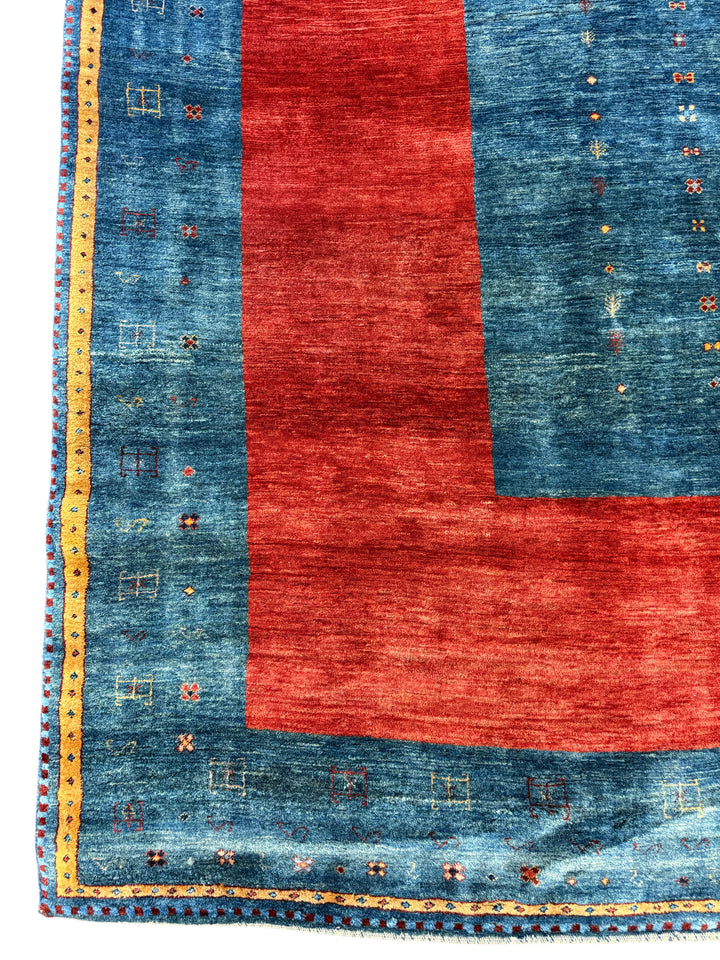 Modern Blue &amp; Rust Geometric Design Tibetan Wool Rug – 8’9” x 11’9”