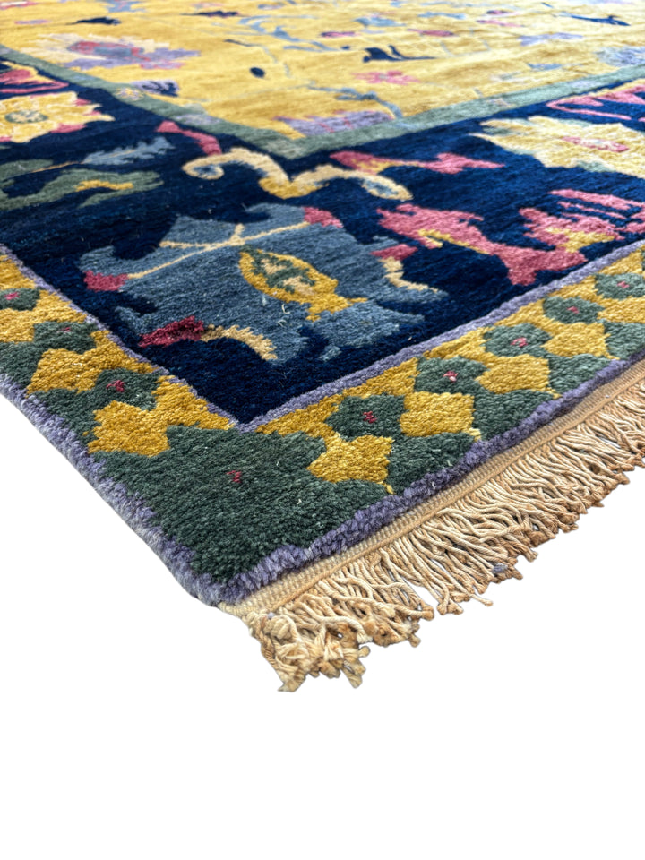 Gold &amp; Navy Floral Design Tibetan Wool Rug – 8’9” x 11’6”