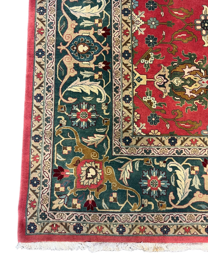 Coral &amp; Teal Floral Design Traditional Wool Rug – 9’11” x 13’8”