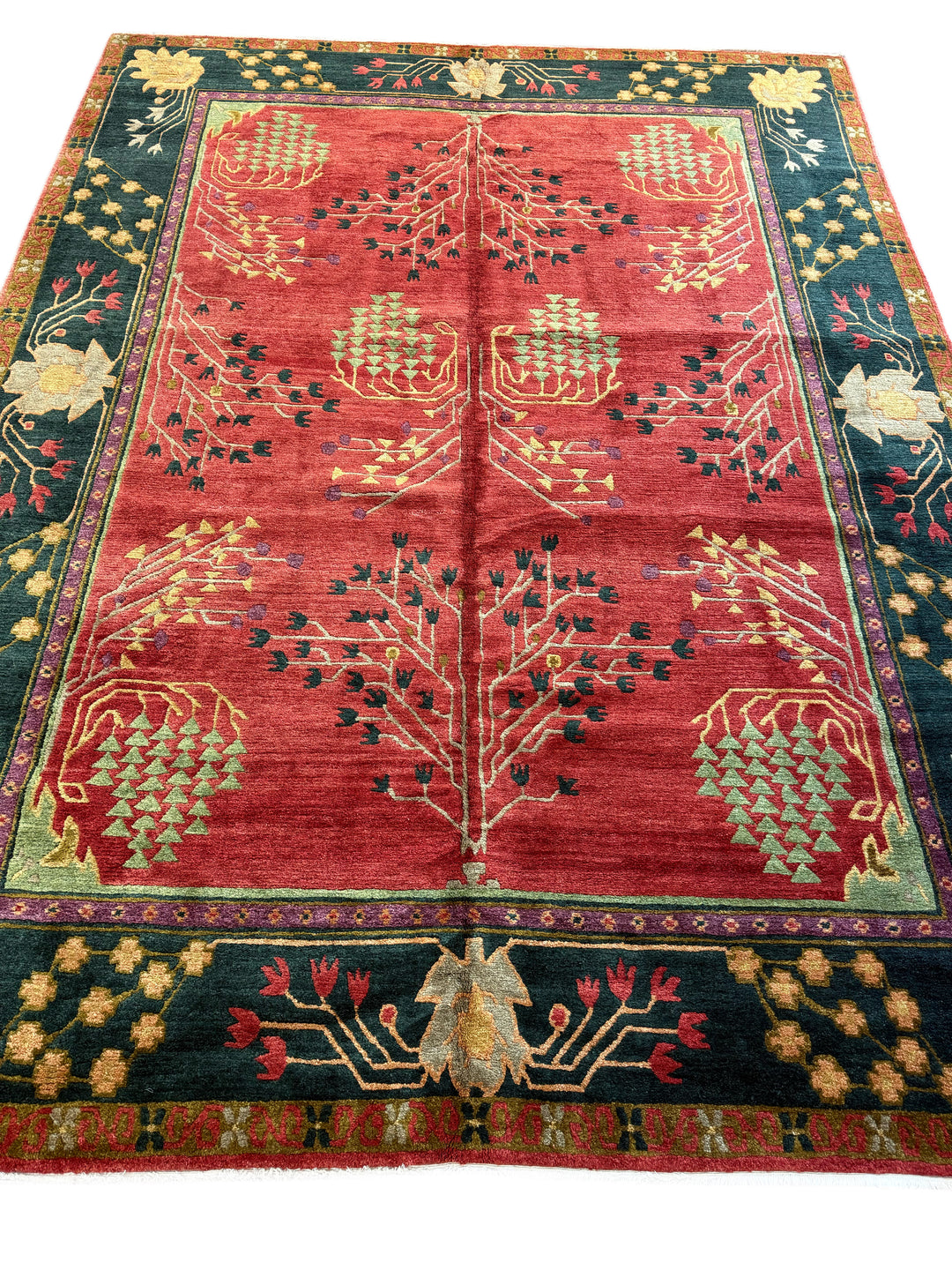 Crimson &amp; Deep Green Botanical Design Tibetan Wool Rug – 8’8” x 11’7”