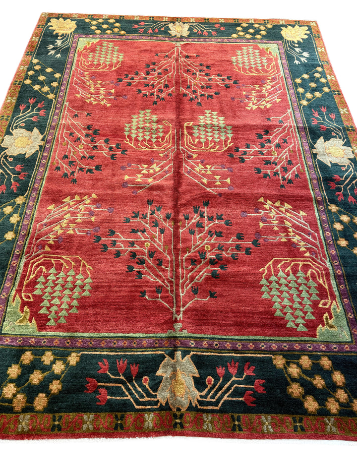 Crimson &amp; Deep Green Botanical Design Tibetan Wool Rug – 8’8” x 11’7”