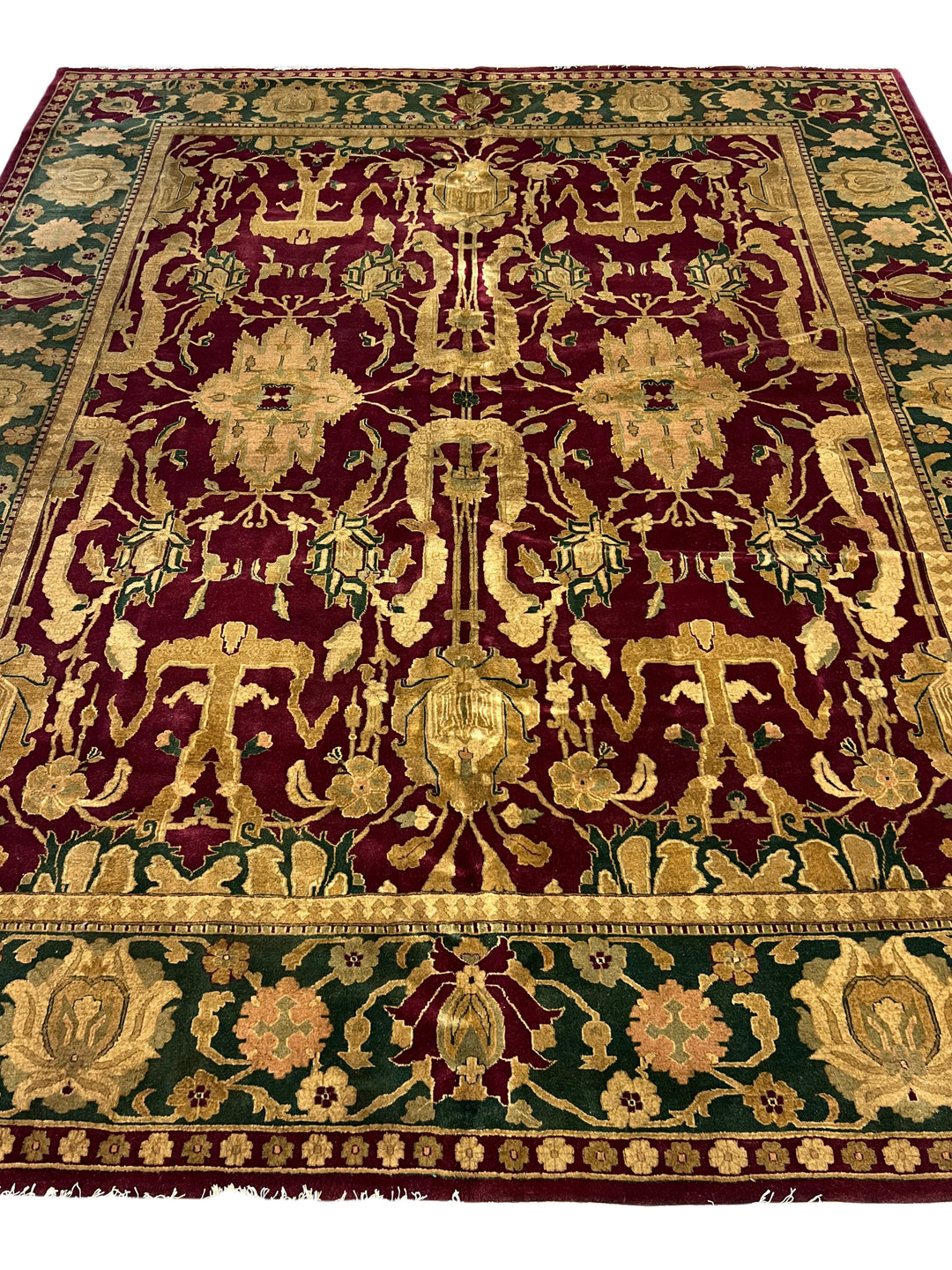 Burgundy &amp; Green Floral Design Hand-Knotted Traditional Wool Rug – 9’11” x 11’7”