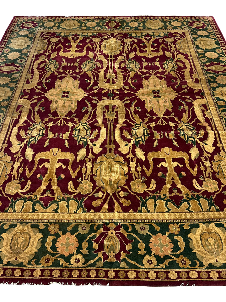 Burgundy &amp; Green Floral Design Hand-Knotted Traditional Wool Rug – 9’11” x 11’7”