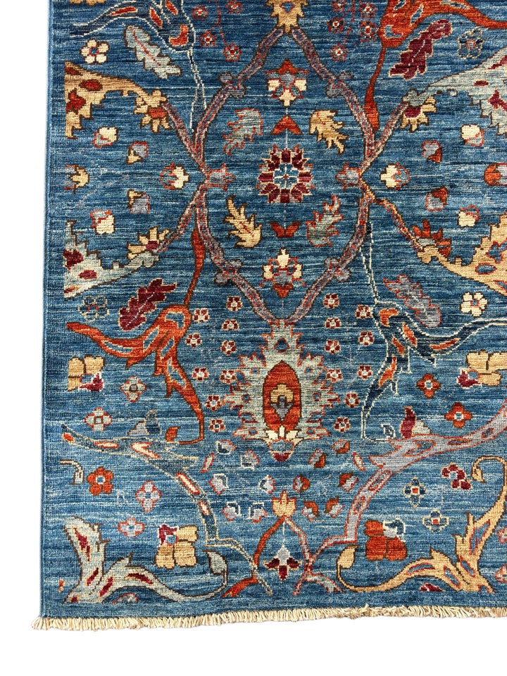 Handmade Blue Wool Area Rug – Traditional Floral Design – 5’2” × 6’9”
