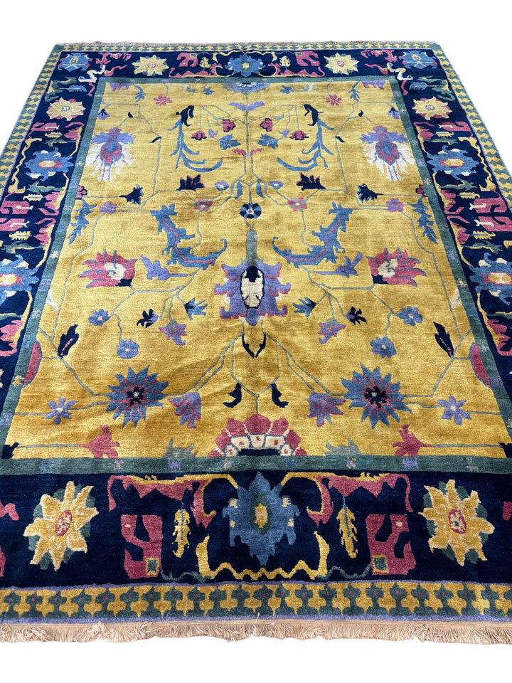 Gold &amp; Navy Floral Design Tibetan Wool Rug – 8’9” x 11’6”