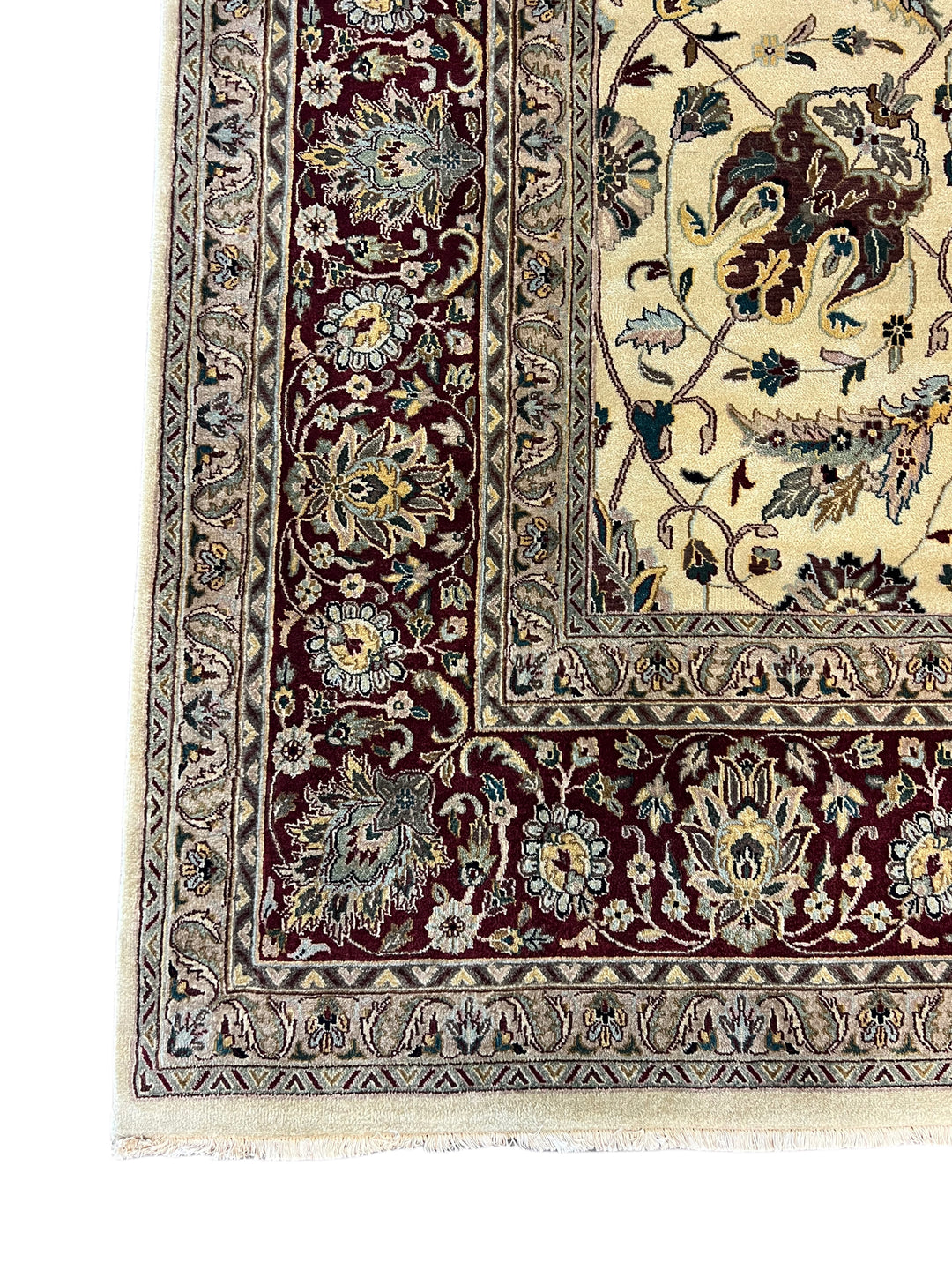 Hand-Knotted Wool Persian Style Rug – Ivory &amp; Burgundy Floral Design – 9’11” x 14’1”