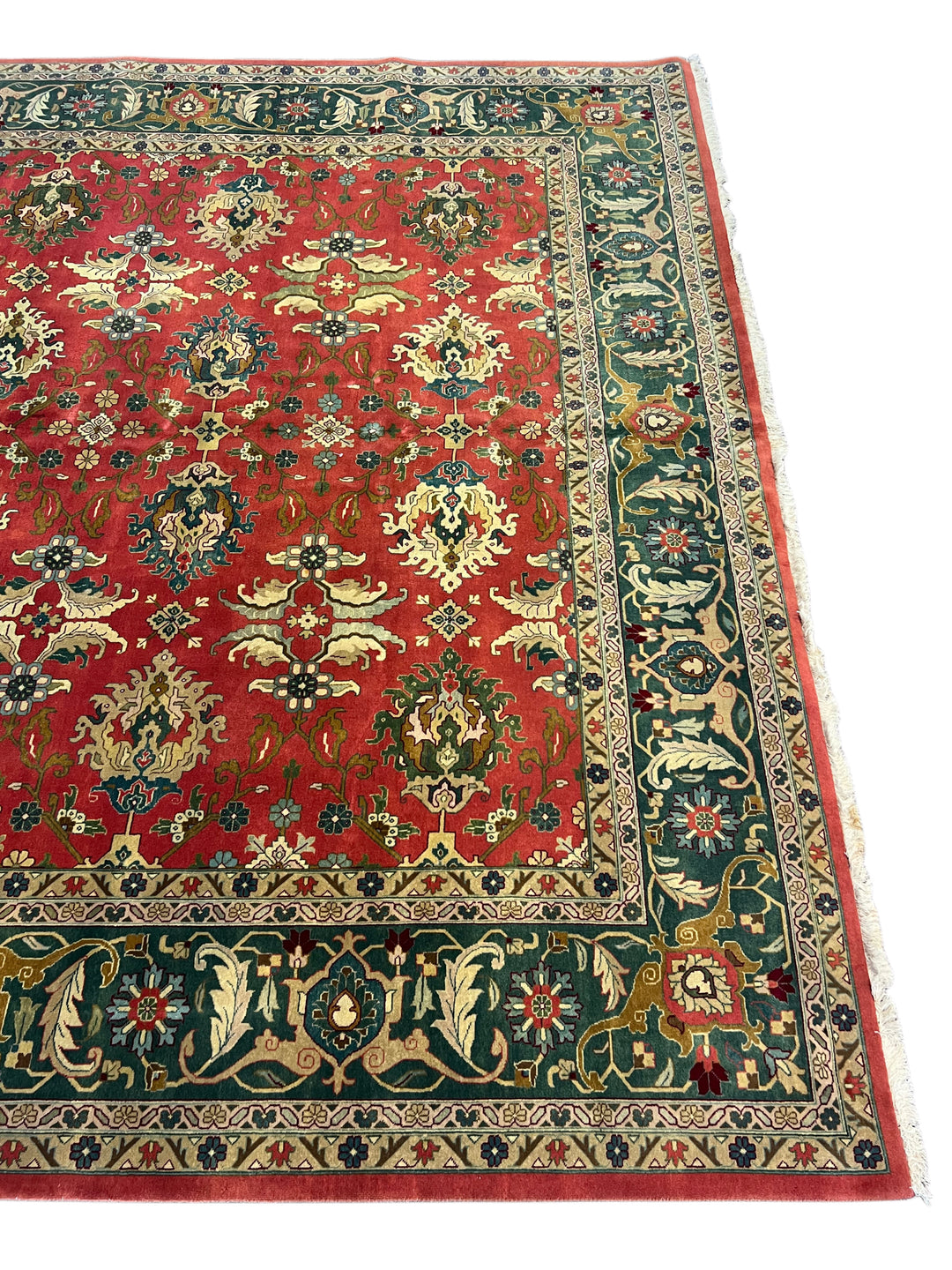 Coral &amp; Teal Floral Design Traditional Wool Rug – 9’11” x 13’8”