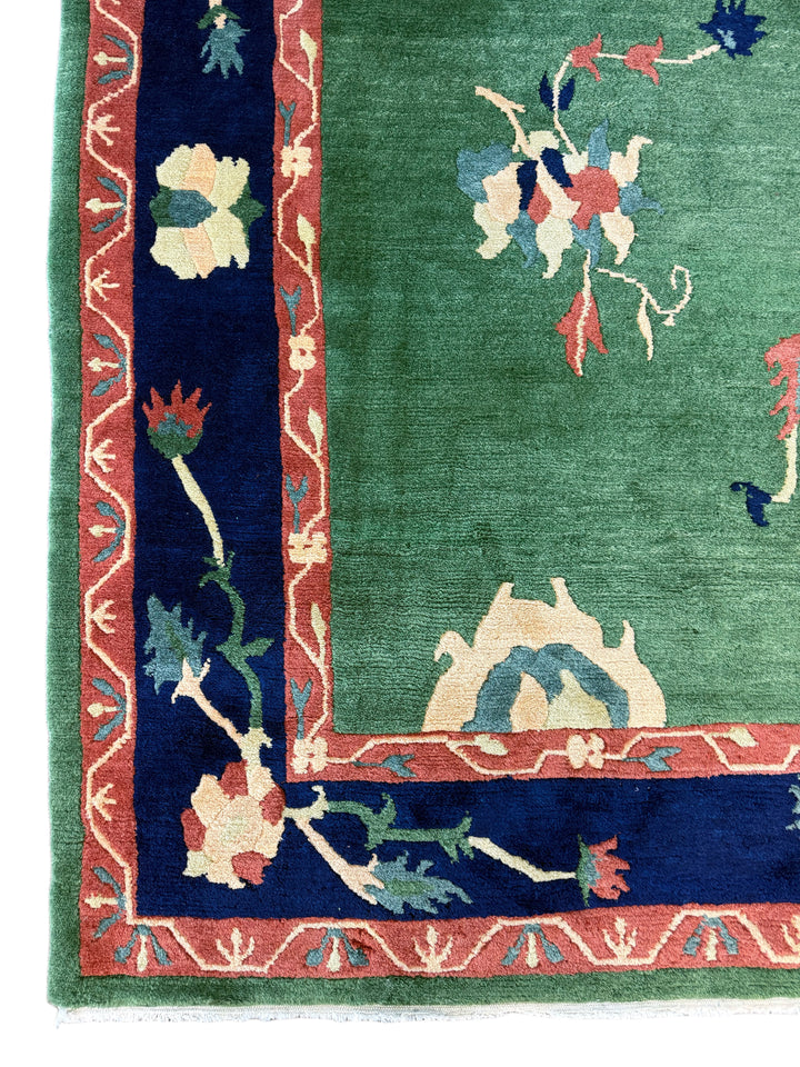 Green &amp; Navy Floral Design Tibetan Wool Rug – 8’8” x 11’2”