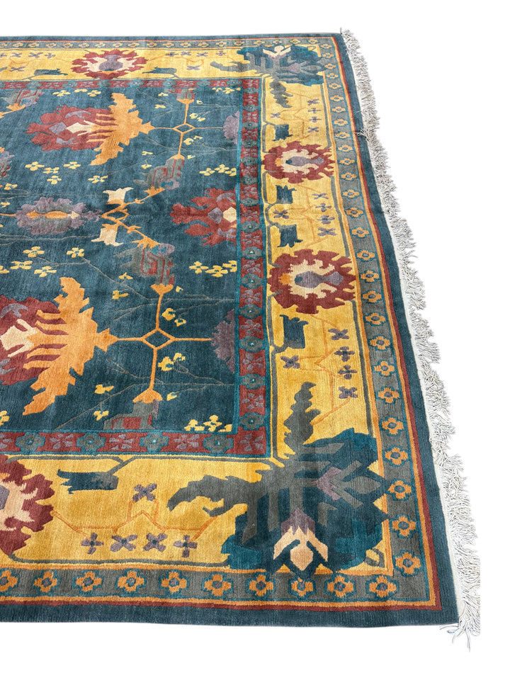 Hand-Knotted Tibetan Wool Rug – Teal &amp; Gold – 11’11” x 16’5”