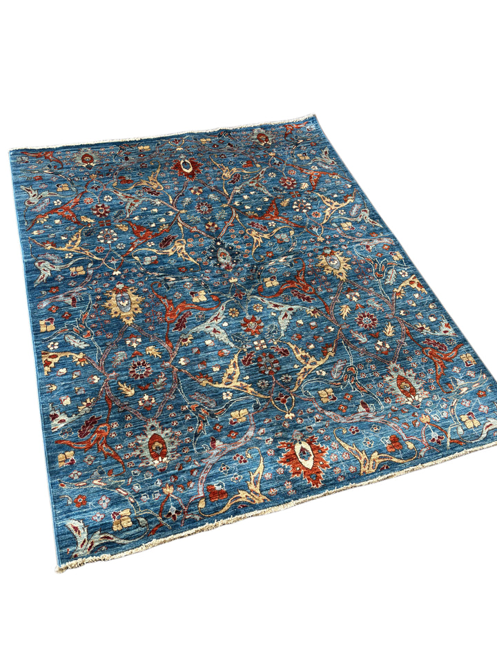 Handmade Blue Wool Area Rug – Traditional Floral Design – 5’2” × 6’9”