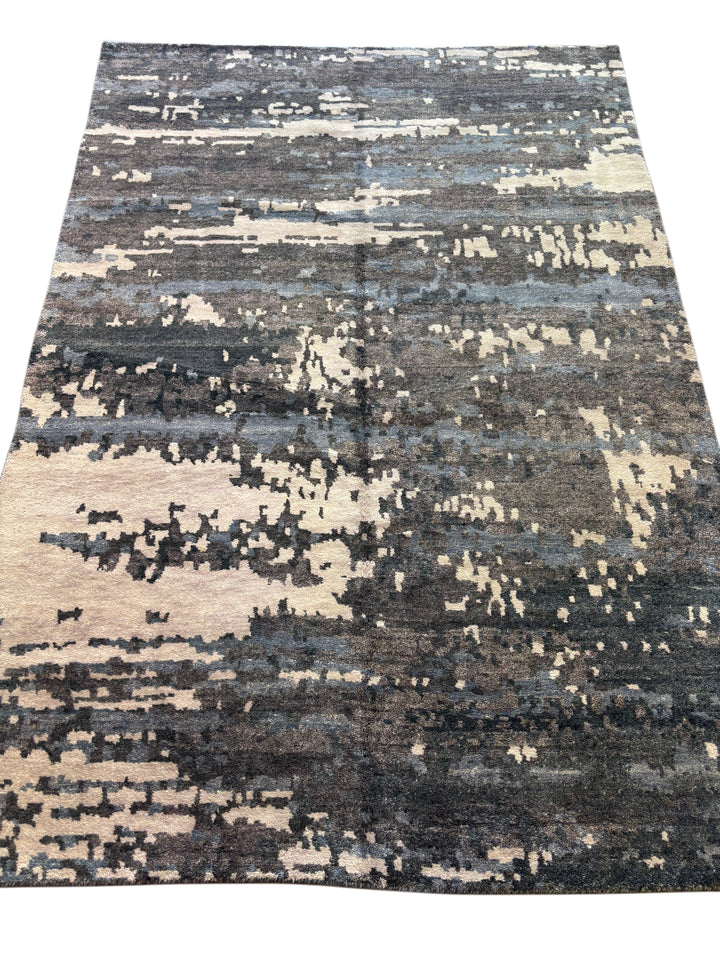 Handmade Modern Abstract Wool &amp; Silk Area Rug – Charcoal, Blue &amp; Ivory – 6’2” × 8’11”