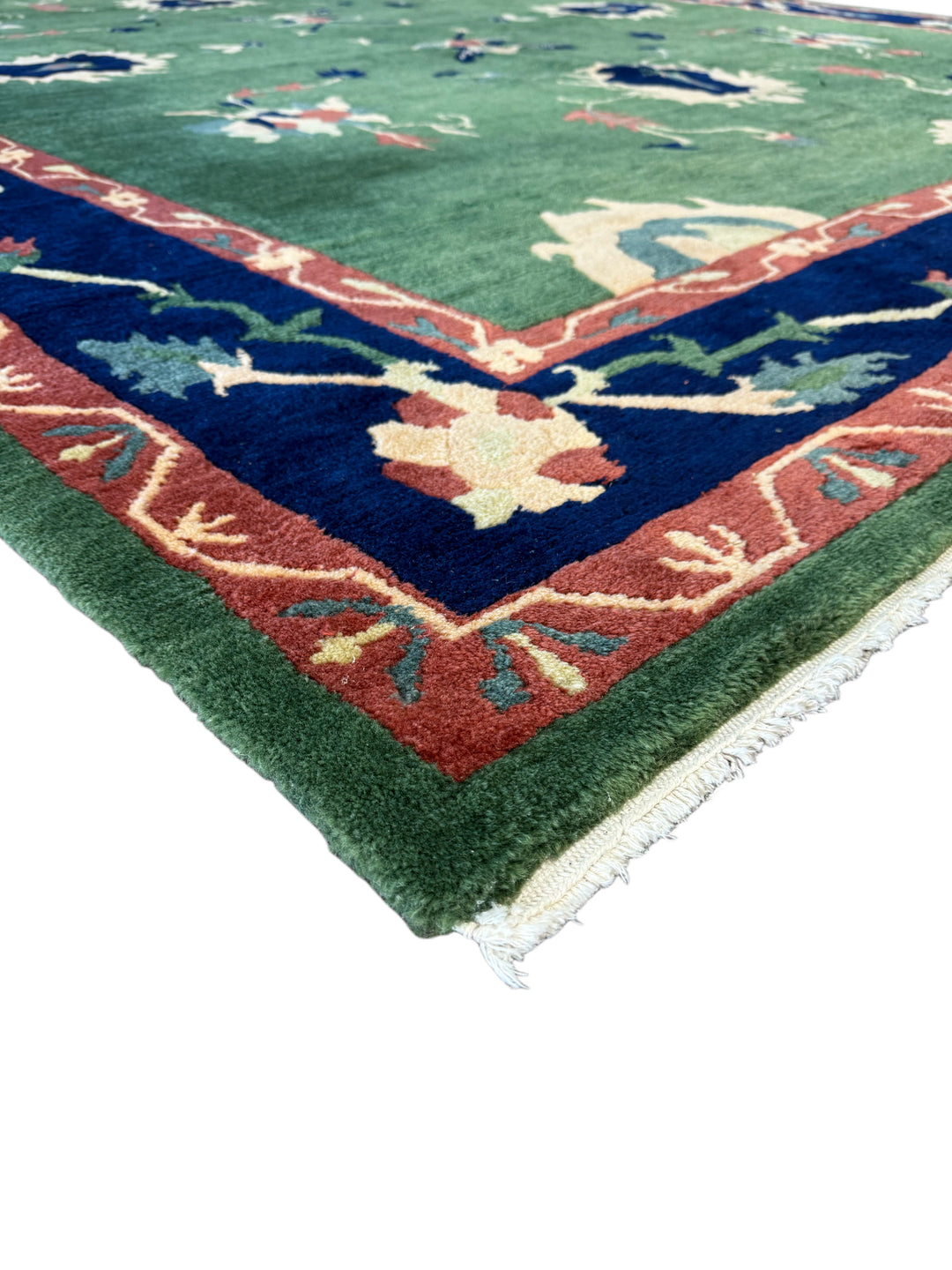 Green &amp; Navy Floral Design Tibetan Wool Rug – 8’8” x 11’2”
