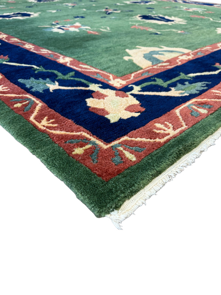 Green &amp; Navy Floral Design Tibetan Wool Rug – 8’8” x 11’2”