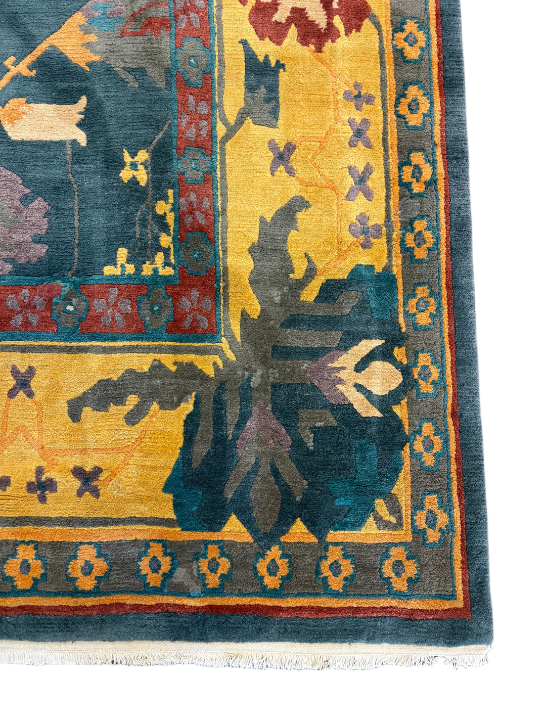 Hand-Knotted Tibetan Wool Rug – Teal &amp; Gold – 11’11” x 16’5”