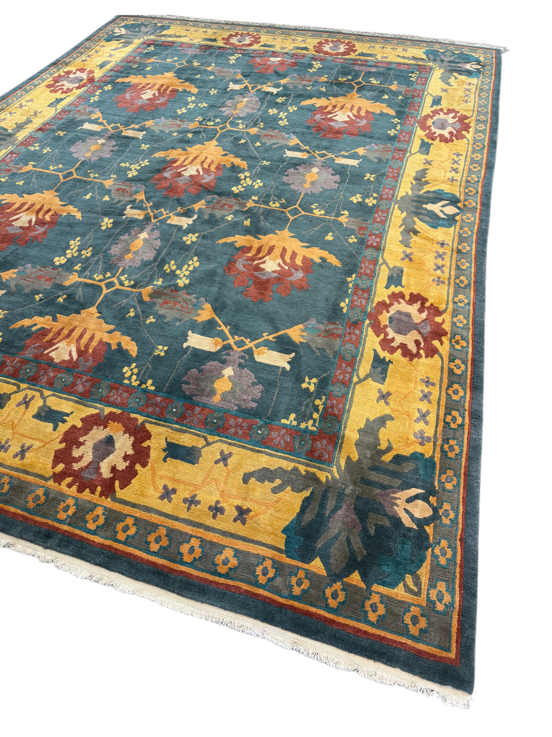 Hand-Knotted Tibetan Wool Rug – Teal &amp; Gold – 11’11” x 16’5”