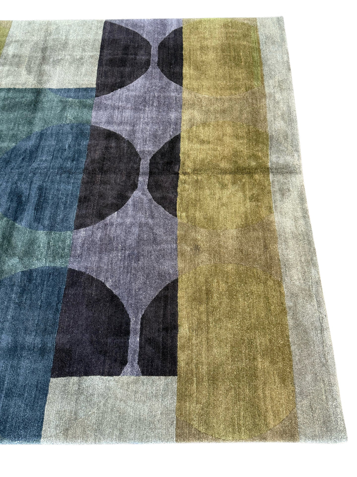Modern Geometric Design in Blue, Olive &amp; Gray Tibetan Wool Rug – 8’8” x 11’5”