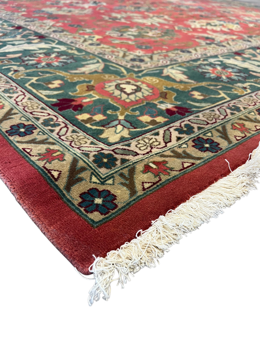 Coral &amp; Teal Floral Design Traditional Wool Rug – 9’11” x 13’8”