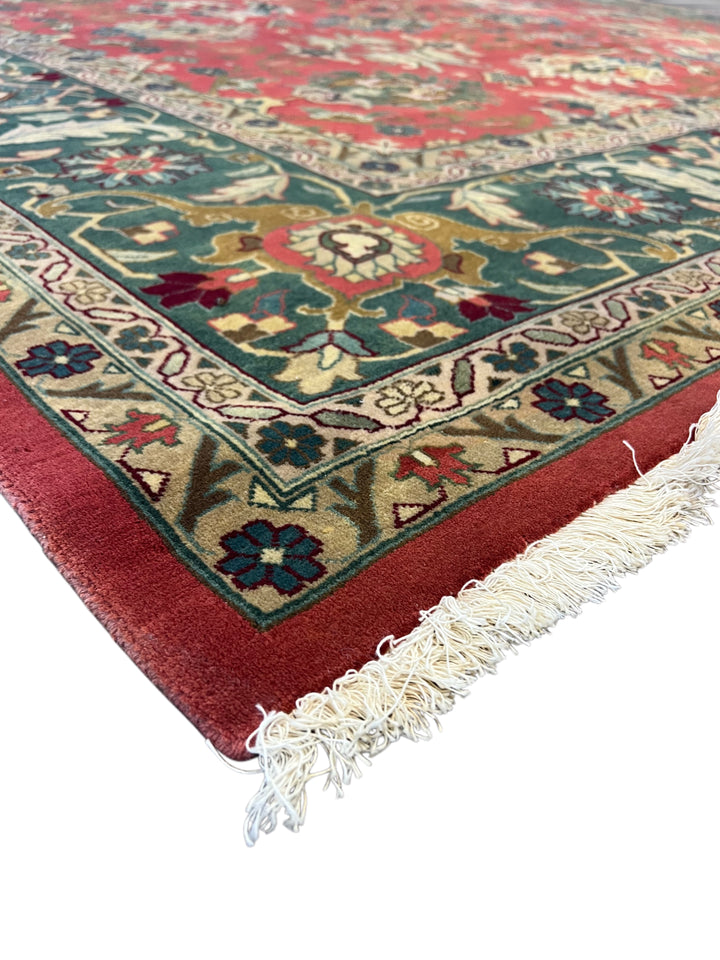 Coral &amp; Teal Floral Design Traditional Wool Rug – 9’11” x 13’8”