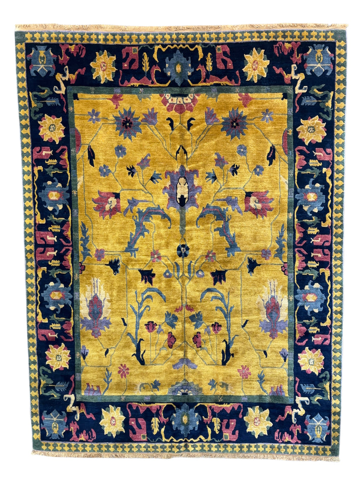 Gold &amp; Navy Floral Design Tibetan Wool Rug – 8’9” x 11’6”