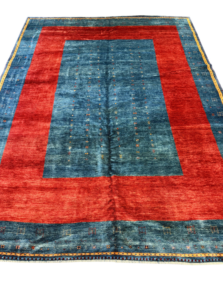 Modern Blue &amp; Rust Geometric Design Tibetan Wool Rug – 8’9” x 11’9”