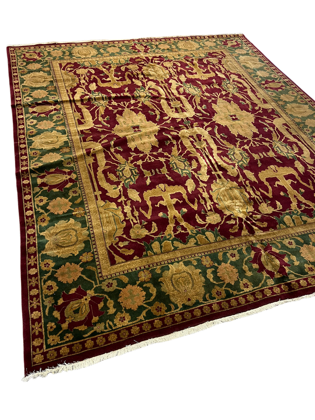 Burgundy &amp; Green Floral Design Hand-Knotted Traditional Wool Rug – 9’11” x 11’7”