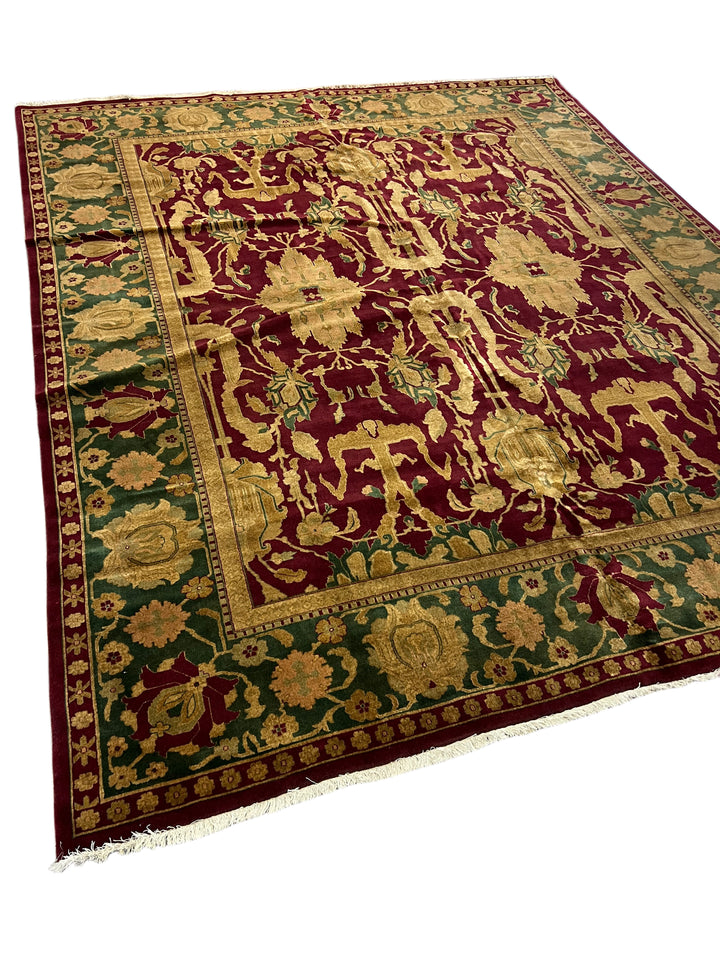 Burgundy &amp; Green Floral Design Hand-Knotted Traditional Wool Rug – 9’11” x 11’7”