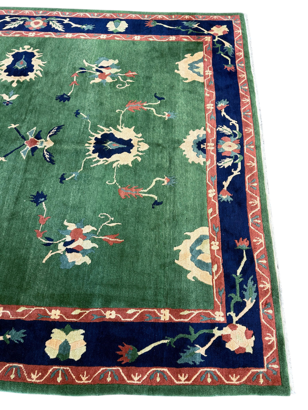 Green &amp; Navy Floral Design Tibetan Wool Rug – 8’8” x 11’2”