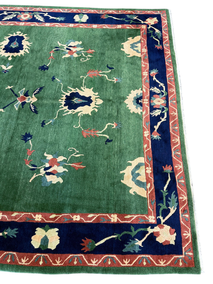 Green &amp; Navy Floral Design Tibetan Wool Rug – 8’8” x 11’2”
