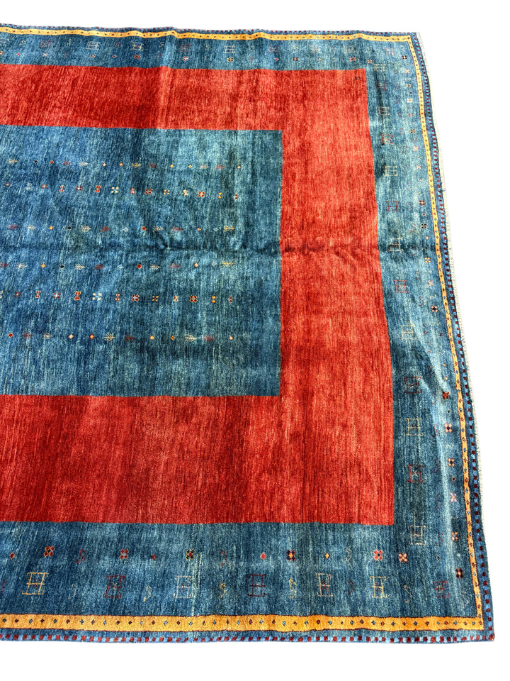 Modern Blue &amp; Rust Geometric Design Tibetan Wool Rug – 8’9” x 11’9”