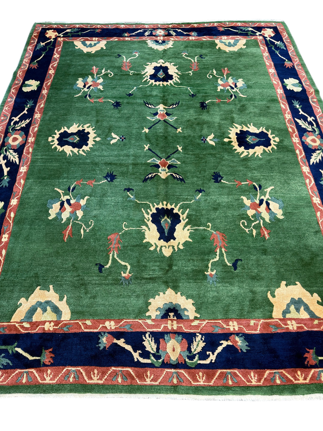 Green &amp; Navy Floral Design Tibetan Wool Rug – 8’8” x 11’2”
