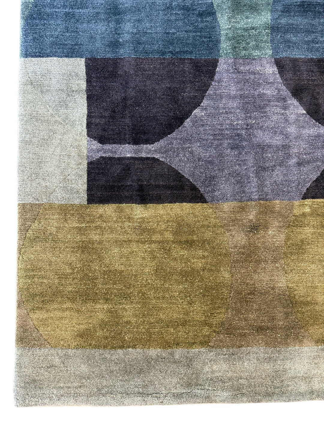 Modern Geometric Design in Blue, Olive &amp; Gray Tibetan Wool Rug – 8’8” x 11’5”