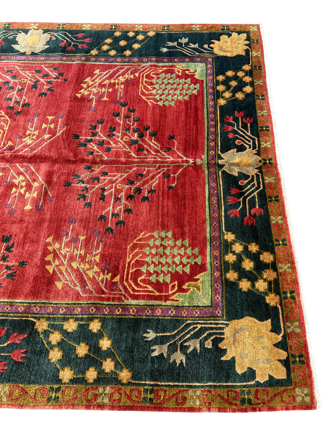 Crimson &amp; Deep Green Botanical Design Tibetan Wool Rug – 8’8” x 11’7”