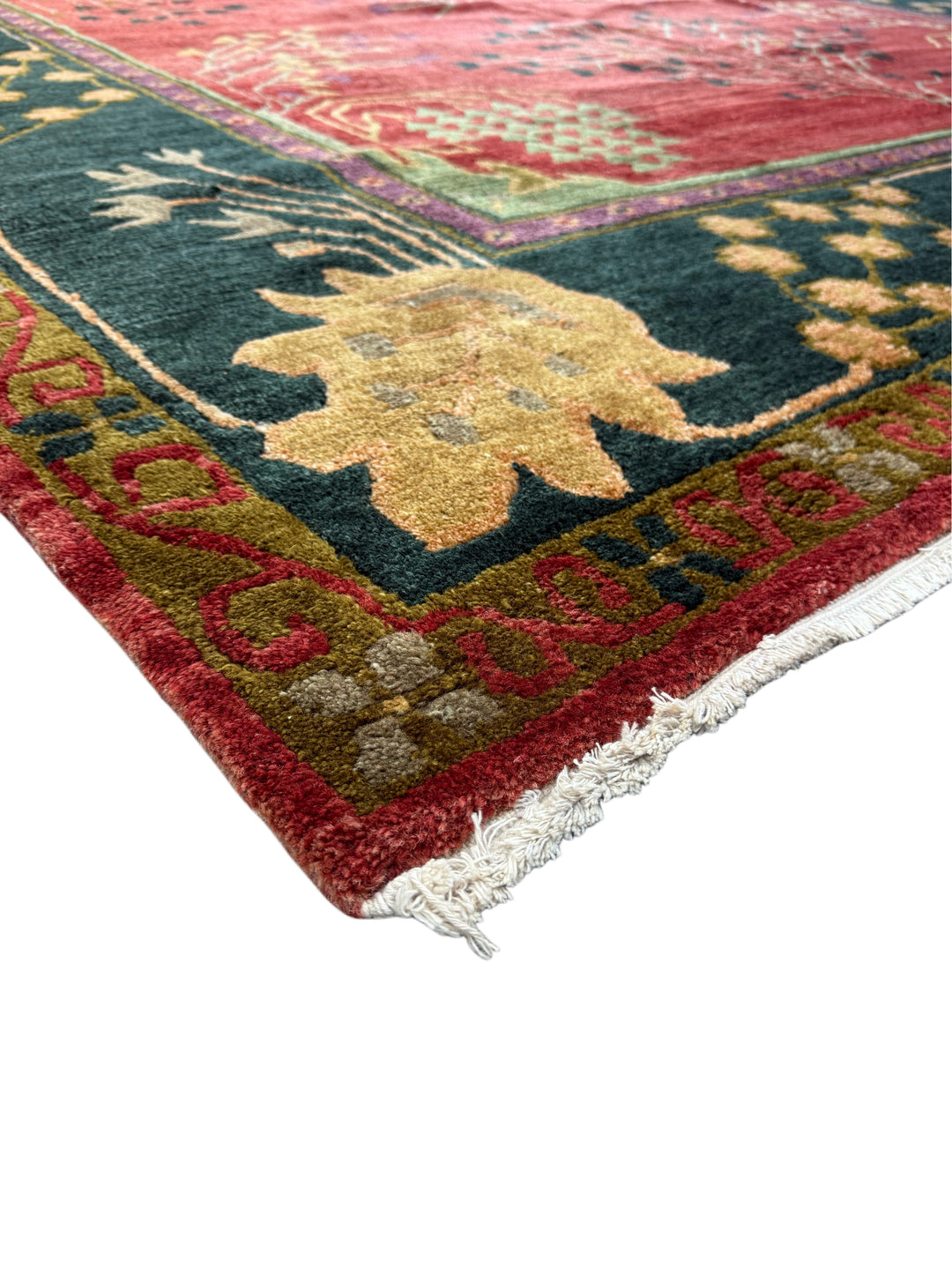 Crimson &amp; Deep Green Botanical Design Tibetan Wool Rug – 8’8” x 11’7”