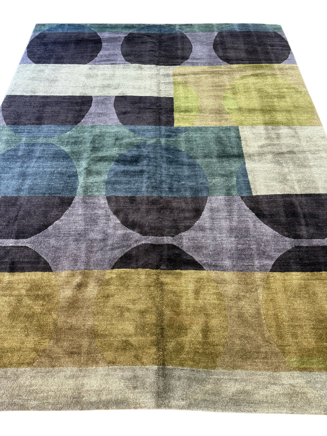 Modern Geometric Design in Blue, Olive &amp; Gray Tibetan Wool Rug – 8’8” x 11’5”