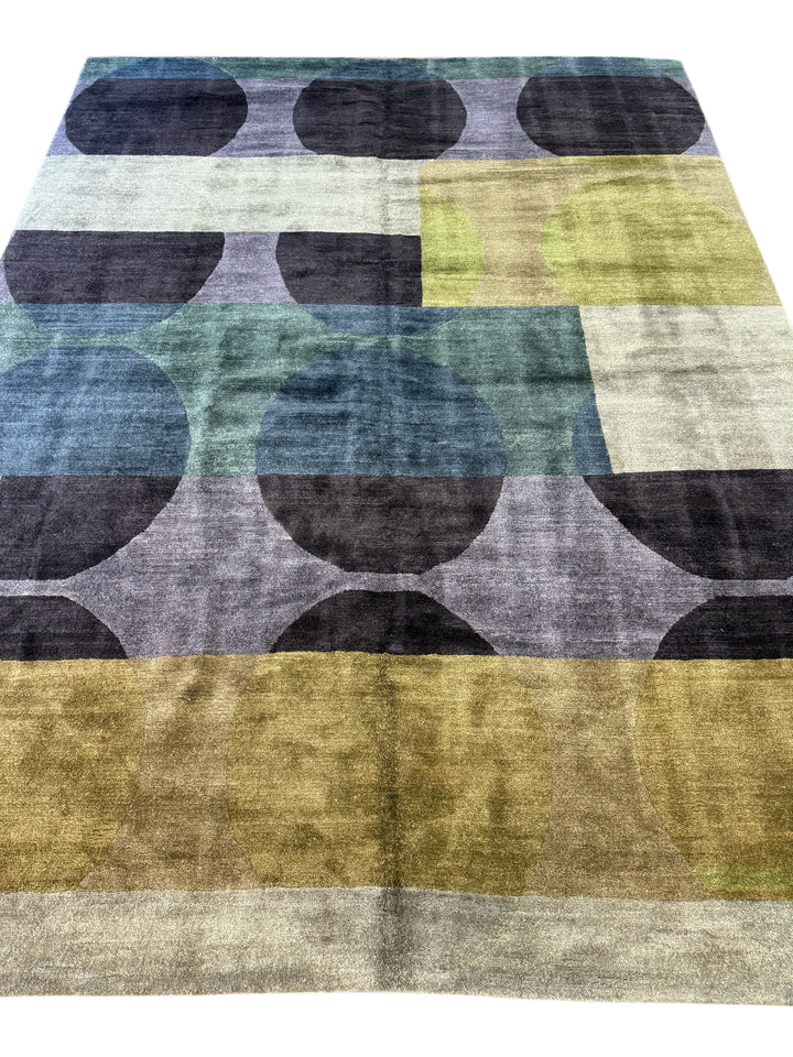 Modern Geometric Design in Blue, Olive &amp; Gray Tibetan Wool Rug – 8’8” x 11’5”