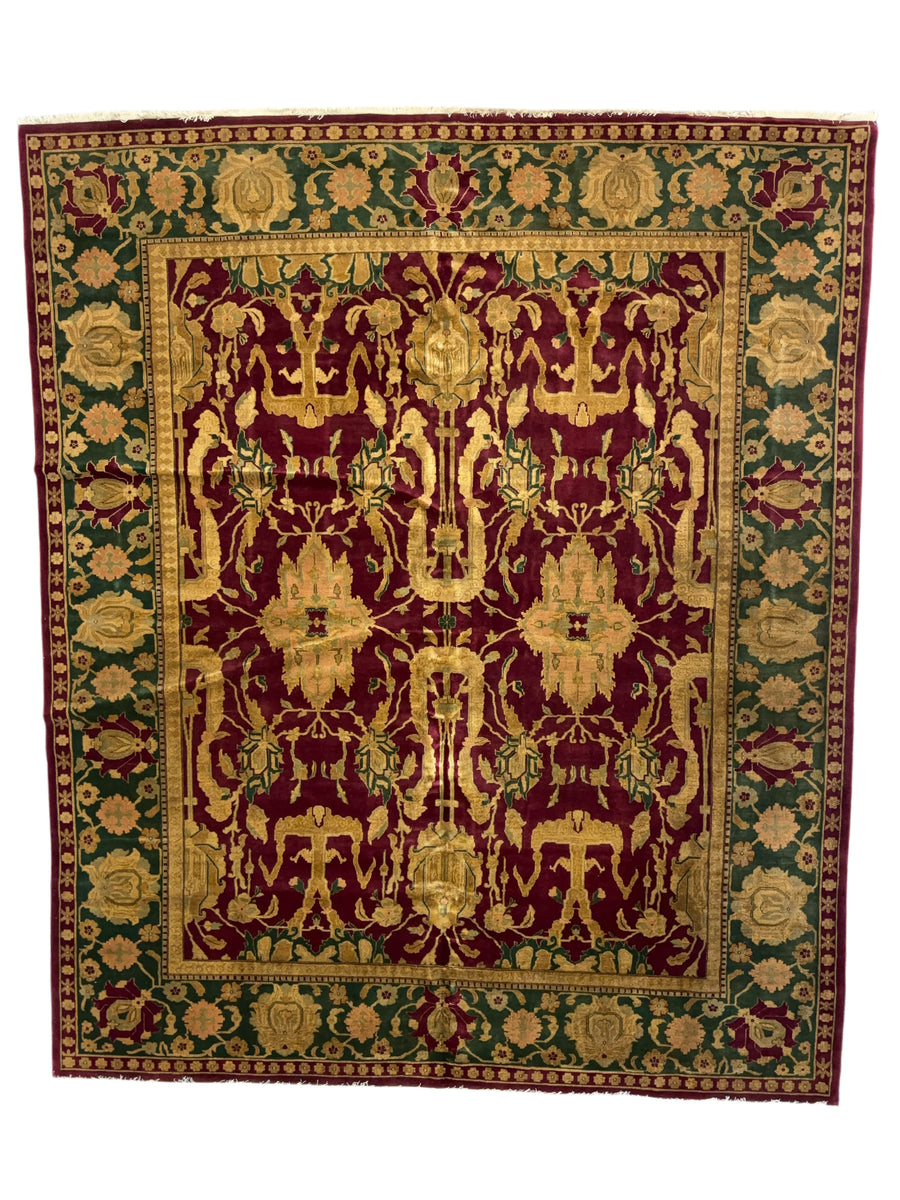 Burgundy & Green Floral Design Hand-Knotted Traditional Wool Rug – 9’11” x 11’7”