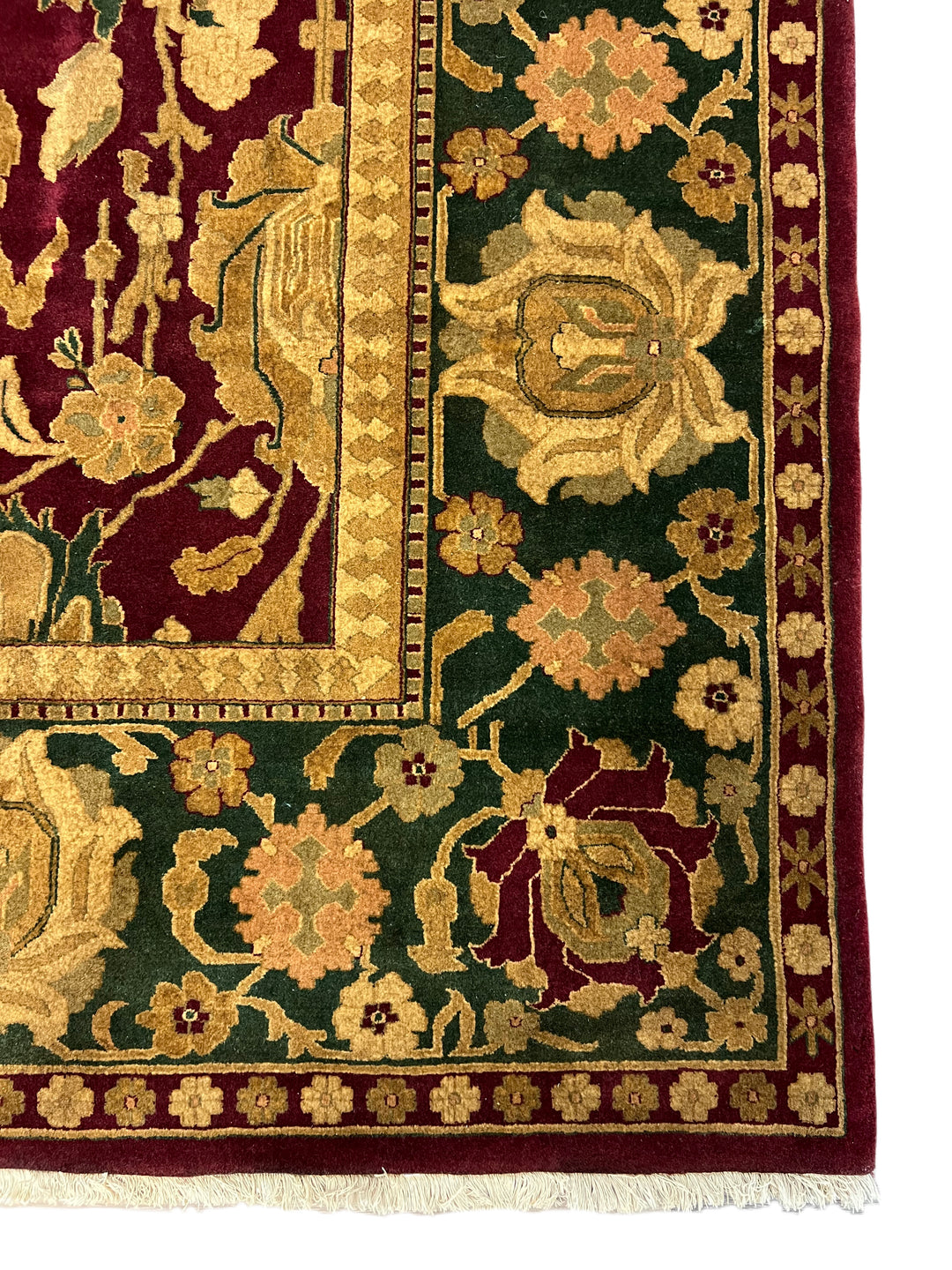 Burgundy &amp; Green Floral Design Hand-Knotted Traditional Wool Rug – 9’11” x 11’7”